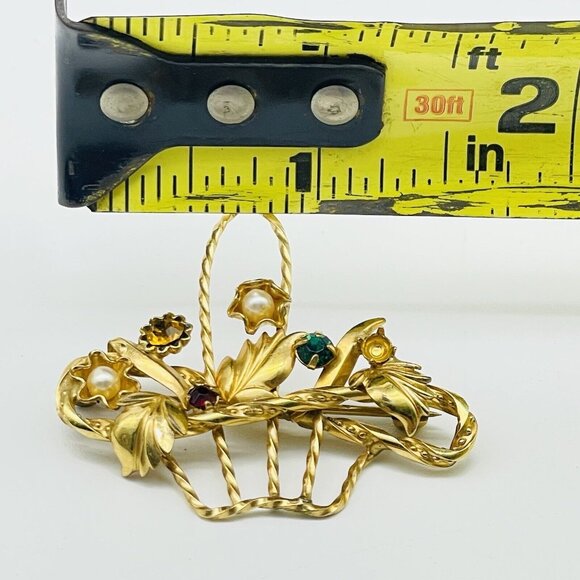 Vintage DCE Flower Basket Brooch 1/20 14k GF Rhinestones Seed Pearls READ - Picture 7 of 8